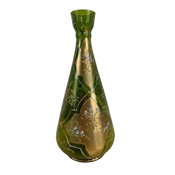 Vintage Signed Moser Art Glass Long Neck Vase Green Gold Gilt Good Condition - Picture 1 of 11